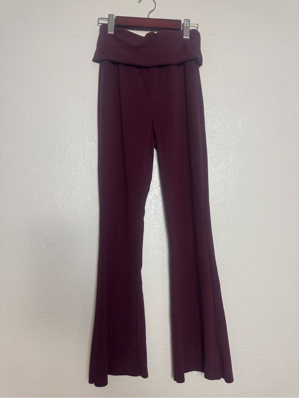 Maroon Flare Ribbed Fold Over Leggings